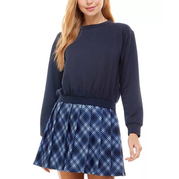 KINGSTON GREY Juniors' Navy Check Pleated Skirt Crewneck Mini Sweater Dress SZ L - Picture 12 of 12